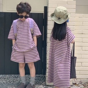 儿童兄妹装2024夏款男童短袖短裤套装女童条纹连衣裙T恤裙学院风