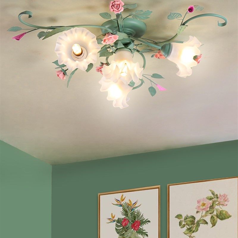 奶油风罗勒绿卧室吸顶灯房间灯果绿色田园玫瑰花女孩房民宿灯具