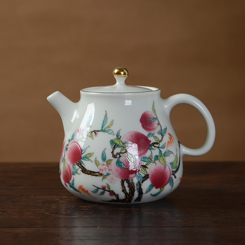 复古粉彩寿桃功夫茶具茶壶单壶杯草木灰一壶二杯茶具