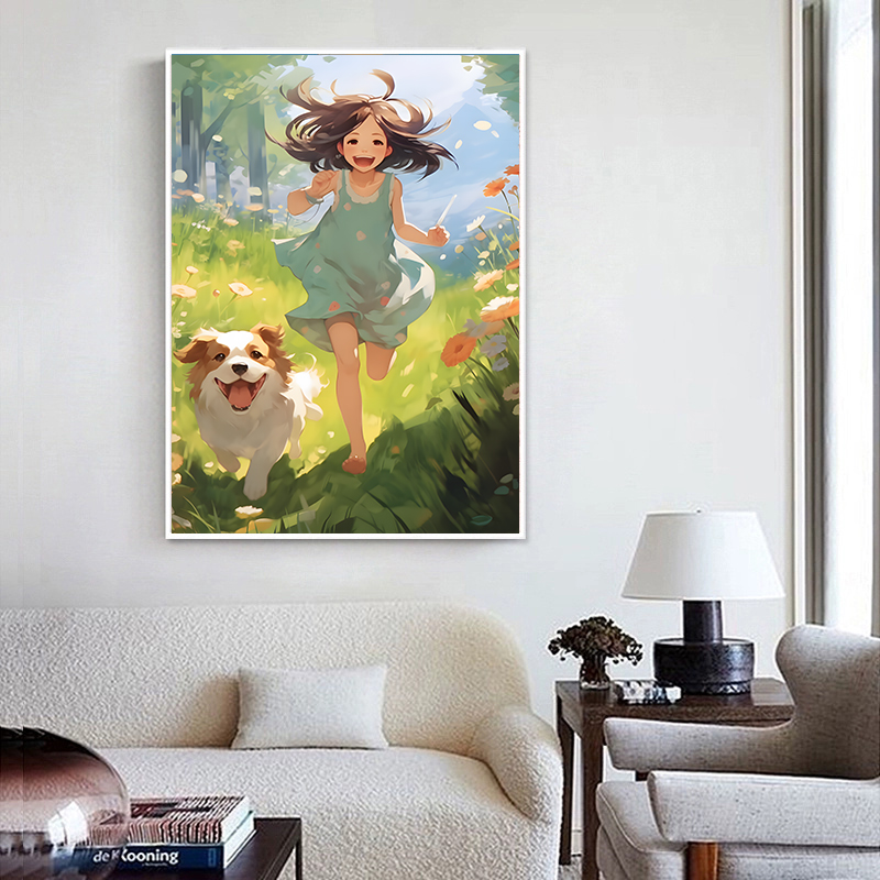 女孩狗狗治愈系卡通装饰画小清新玄关儿童房间玄关挂画女孩床头画图片
