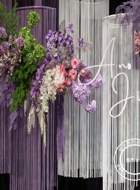 新款高特密加厚紫色婚庆线帘酒店舞台装饰道具婚礼流苏直线垂帘