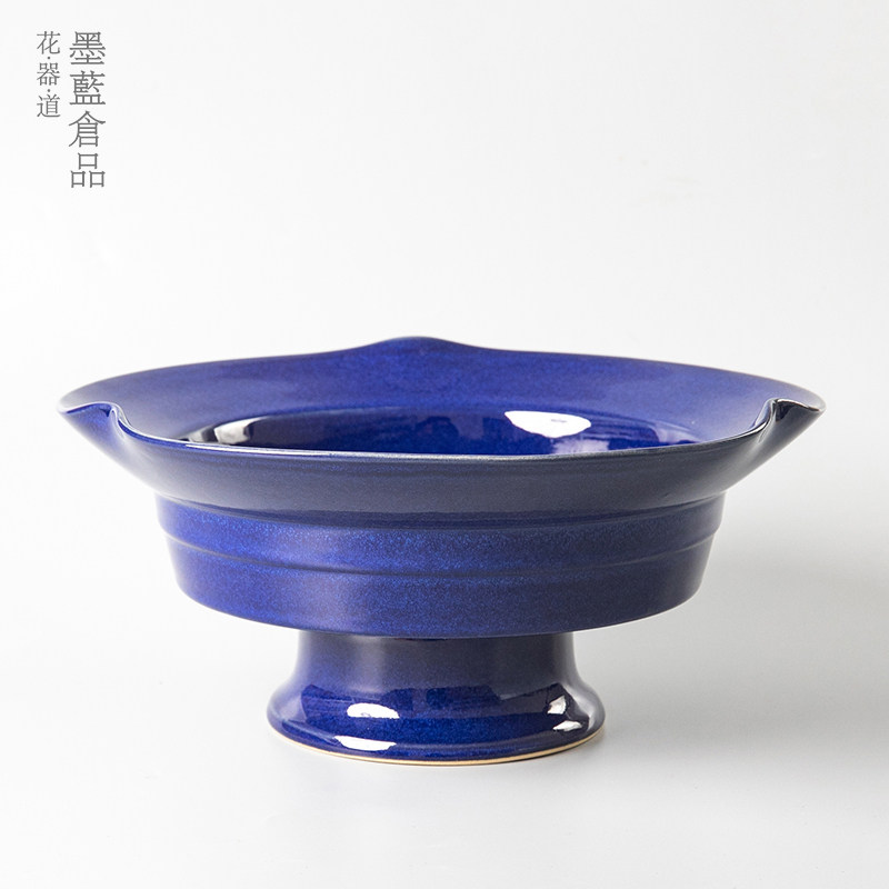 器 日胜乐烧 蓝色荷叶边插 小原流池坊草月流