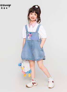 大象魔术师浅蓝色女童背带裤子2024夏季新款宽松阔腿牛仔短裤薄款