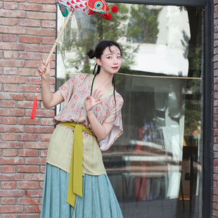 谜阿凰素商半臂霁荷里衣唐制夏季短袖薄款显瘦仿花罗半身褶裙汉服