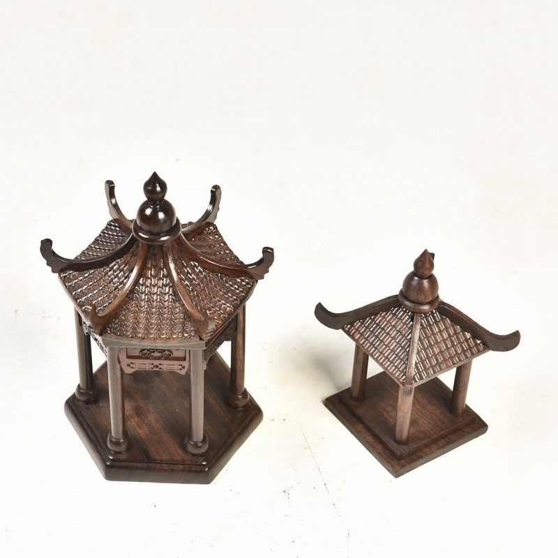 琴书侣黑檀木雕四角凉亭建筑沙盘模型古建筑亭子盆景小屋房摆件