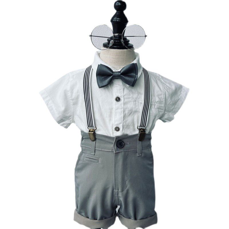 夏季男童英伦风套装礼服 男宝宝小西装马甲背带短裤薄款短袖套装