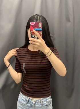 小蓉女装精纺美利奴罗纹圆领条纹针织衫5分袖套头毛衣上衣C472272