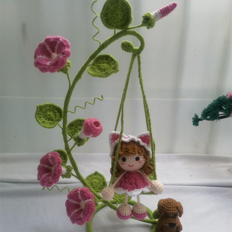 玫瑰花牵牛花秋千娃娃创意摆件成品 纯手工制作