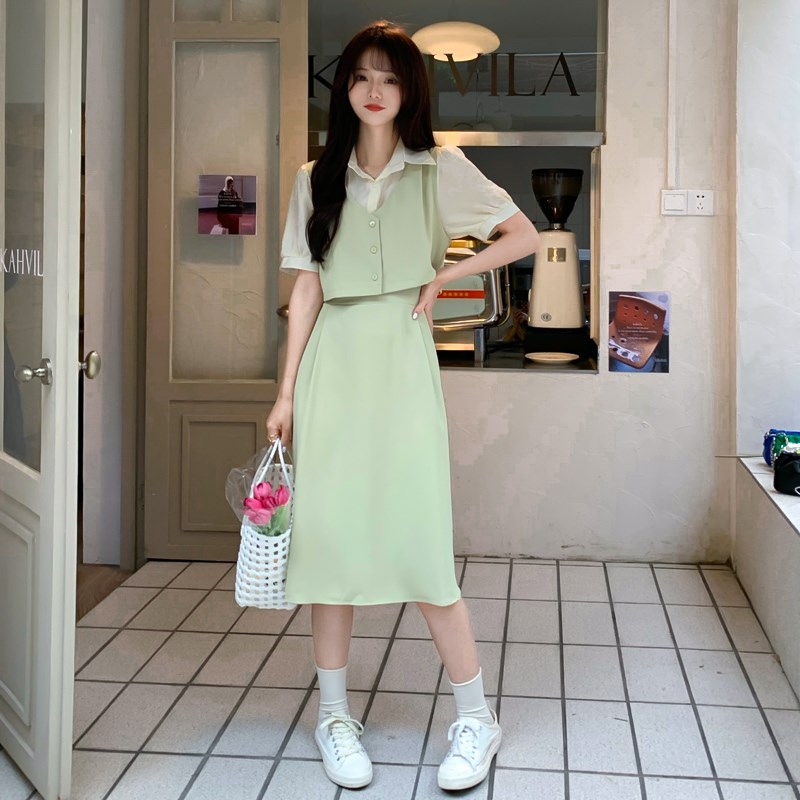 145矮小个子百搭法式温柔风夏假两件短袖polo领衬衫连衣长裙女xs