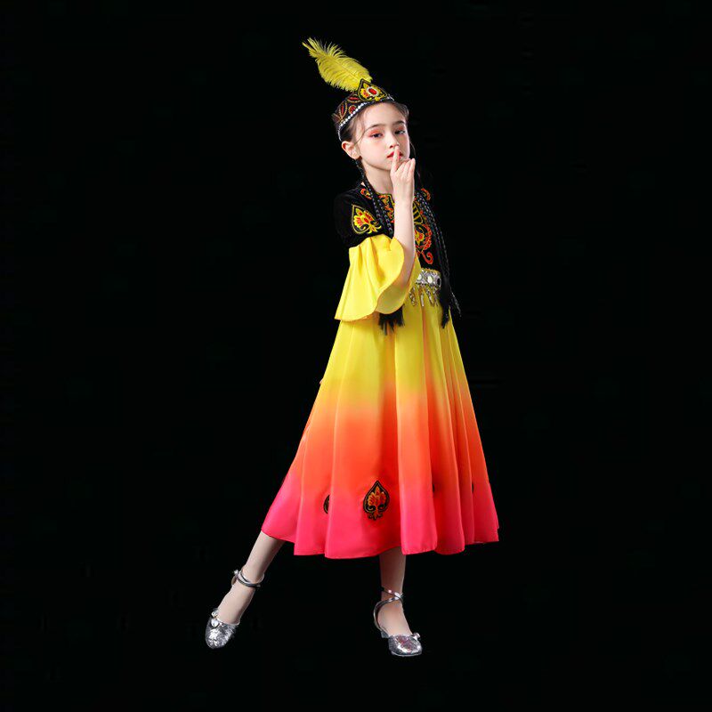 新疆舞蹈演出服儿童维吾尔族舞蹈裙古丽表演服少数民族哈萨克服装