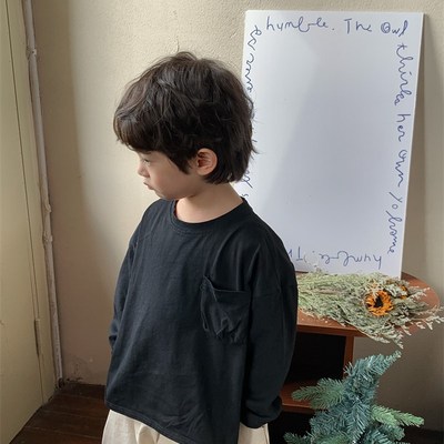 暮晨家新款春装2023男童纯黑色棉质长袖T恤衫中小童宽松圆领上衣