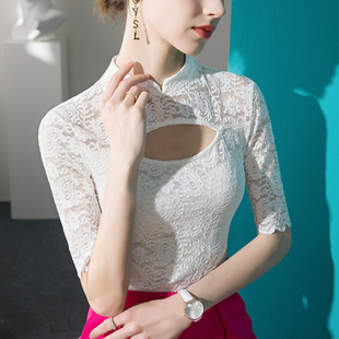 新中式蕾丝T恤女五分袖修身镂空性感2025春季中袖女装淑女上衣