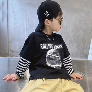 卫衣假两件上衣打底衫 中大童长袖 男童拼袖 新款 T恤纯棉2022春秋季