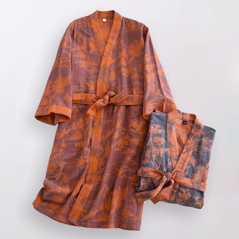 全棉色织提花睡袍和服浴袍女款男春秋夏季纯棉纱布薄款家居服睡衣