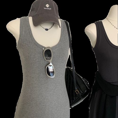 身材加分 螺纹基础款U领修身显痩背心裙女夏季无袖内搭打底连衣裙