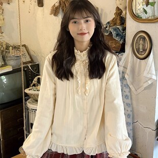 冬季加绒加厚奶黄色宫廷荷叶边立领衬衫复古灯笼袖打底衫娃娃衫