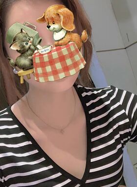 春秋季黑白条纹t恤女纯棉中袖打底衫五分袖大V领上衣女低领口修身