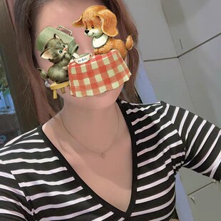 春秋季黑白条纹t恤女纯棉中袖打底衫五分袖大V领上衣女低领口修身