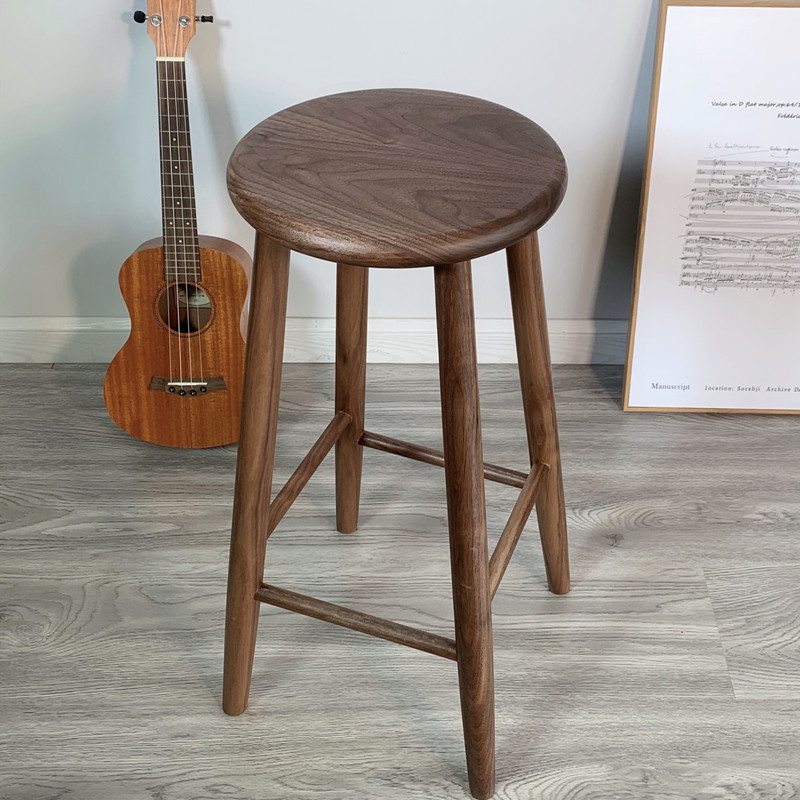 纯实木 黑胡桃原木 酒吧吧台高脚凳子 家用休闲圆形吧台凳 咖啡椅