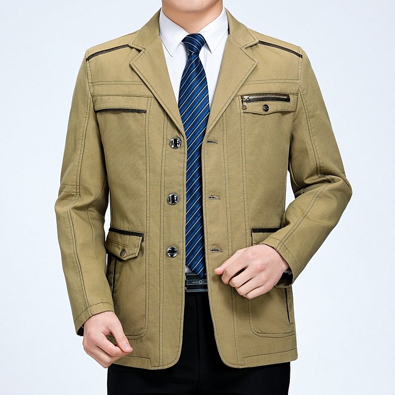 秋季薄款西装领夹克衫中年男士外套纯棉40上衣50岁休闲男装爸爸装