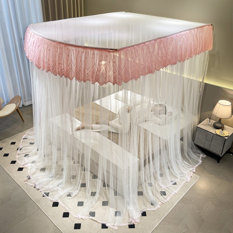 蚊帐家用2023年新款卧室u型免安装床帘落地伸缩导轨道三开门蚊帐