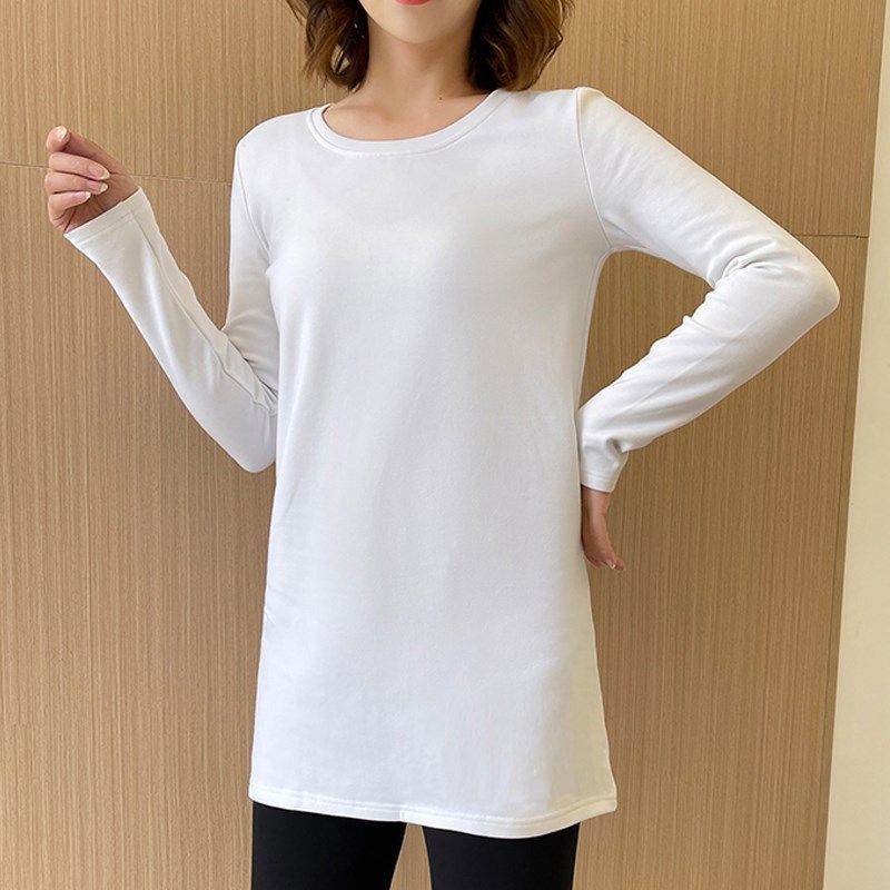 白色中长款长袖t恤女2023年秋冬纯棉宽松遮屁股加绒加厚打底衫
