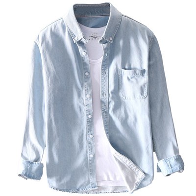 浅色牛仔衬衫男长袖薄款夏季宽松纯棉水洗衬衣男士休闲上衣外套潮