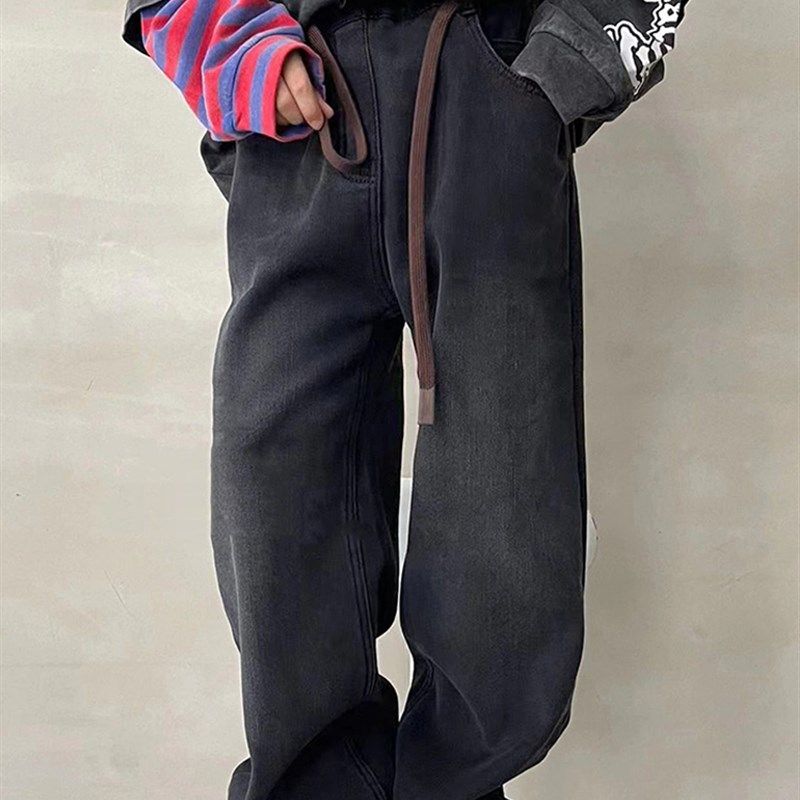 2024冬季女童加绒牛仔裤加厚宽松阔腿裤儿童一体绒休闲裤子亲子装