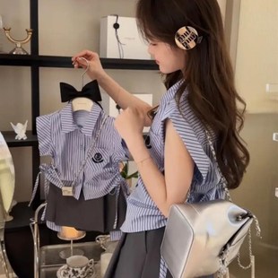 夏季 亲子装 一家三口女童条纹短袖 两件套裙裤 衬衫 韩国学院风童装