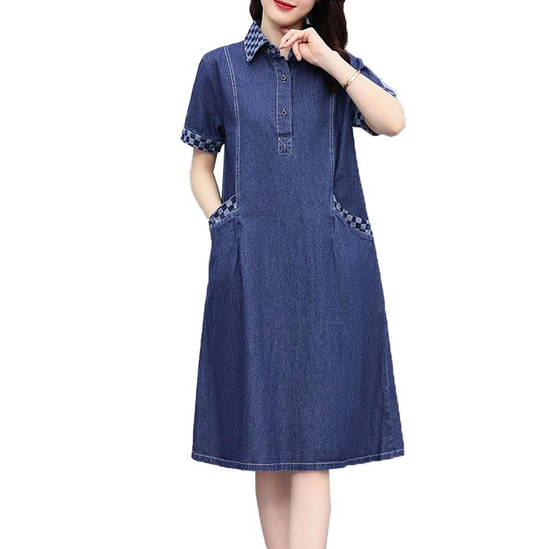 大码女装牛仔中长款裙子潮2024年夏季新款宽松短袖衬衫领连衣裙女