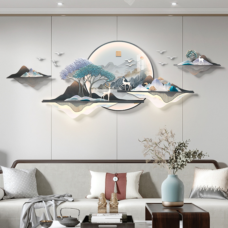 新中式沙发背景墙装饰挂件灯挂画立体浮雕轻奢圆形装饰画客厅高级图片