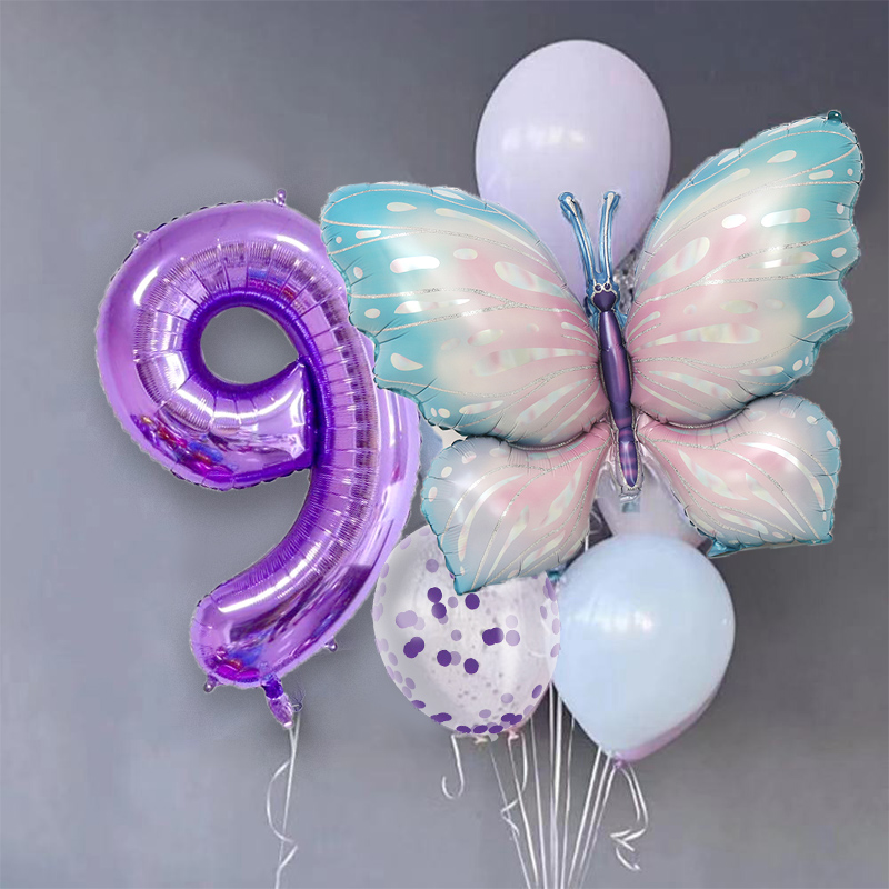 紫色系幻彩蝴蝶亮片气球  铝箔生日数字  宝宝周岁生日场景装饰品