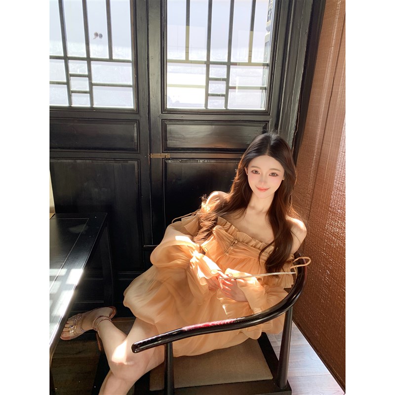 Hotdog 热狗很辣【烟雨雾紫】甜美温柔气质一字肩长袖连衣裙短裙