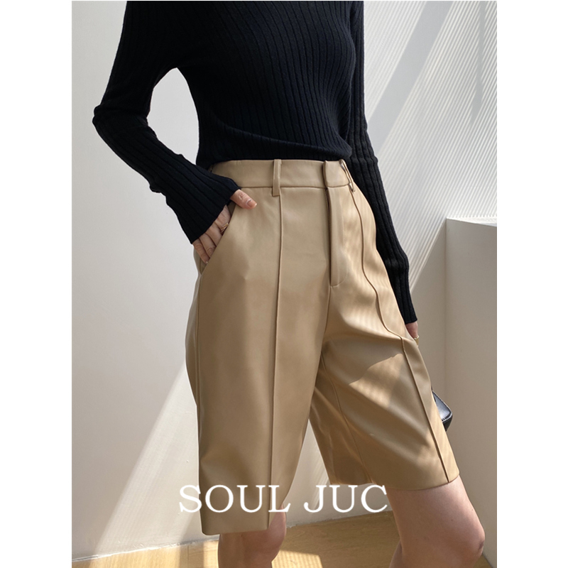 SOUL JUC 秋季新款高腰显瘦五分皮裤女中裤百慕大PU皮直筒裤中裤