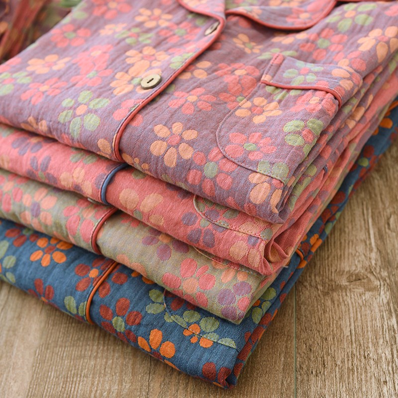 纯棉纱布睡衣女春秋新款复古提花长袖开衫套装高档全棉妈妈家居服