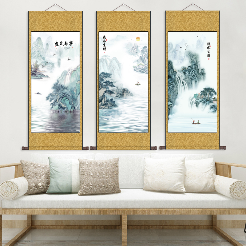 客厅装饰挂画禅意山水宁静致远书房书法字画学校装饰挂画丝绢卷轴