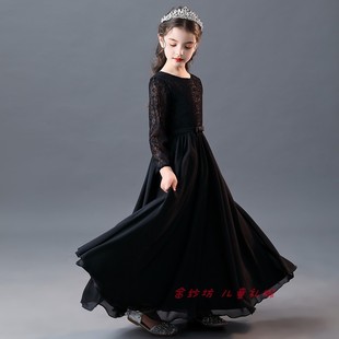 2021秋冬新款长袖儿童女童演出黑色晚礼服钢琴大提琴演奏服公主裙
