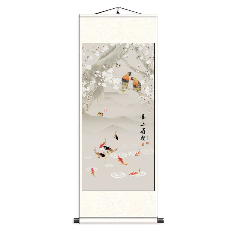 玄关装饰画新中式入户走廊挂画竖版字画荷花九鱼图喷绘国画工笔画,家居饰品,国画,淘宝优惠券,粉丝福利购,淘宝优惠卷