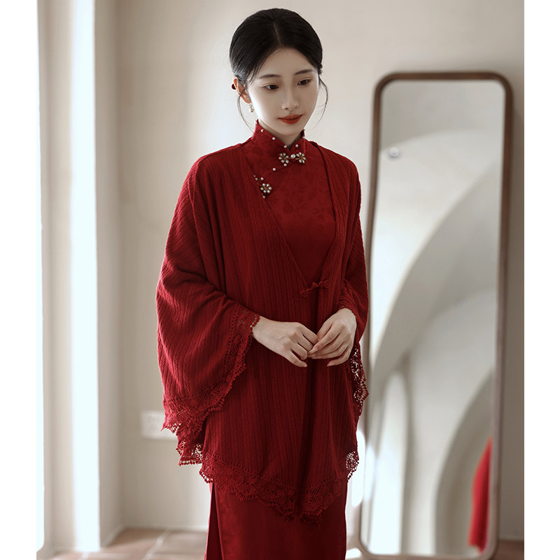 复古民国风红色配旗袍披肩结婚敬酒服新娘秋冬季针织外套披风外搭