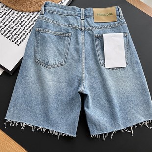 短裤 木巨3000 透气复古高腰显瘦毛边牛仔五分裤 薄款 女夏 苣显瘦