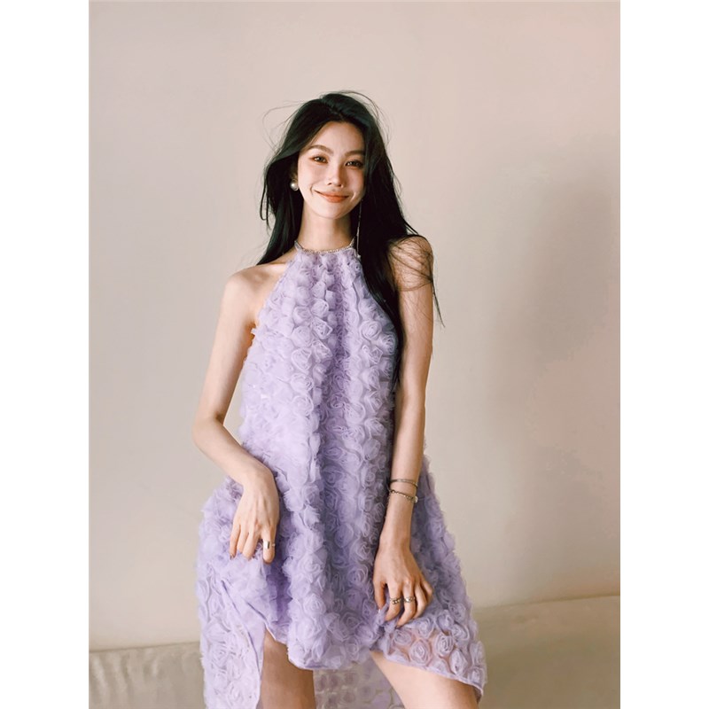 紫色立体玫瑰挂脖连衣裙女新娘婚礼晨袍订婚领证裙子出门轻婚纱