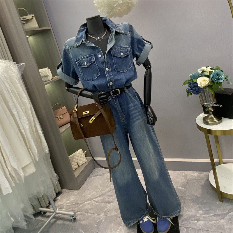 韩国东大门新款复古工装牛仔连体裤高腰显瘦显高短袖休闲连体衣女