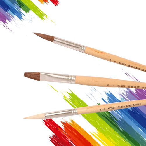 莫奈狼毫羊毫水彩笔尖头圆头短杆水彩画笔水粉笔初学画笔木制笔杆