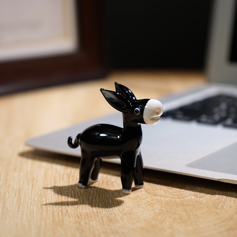 手工制作玻璃动物小摆件可爱黑驴创意电脑桌面显示器装饰工艺品
