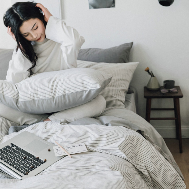 北欧简约纯棉男士四件套日式细条纹被套2m格子床单学生宿舍三件套