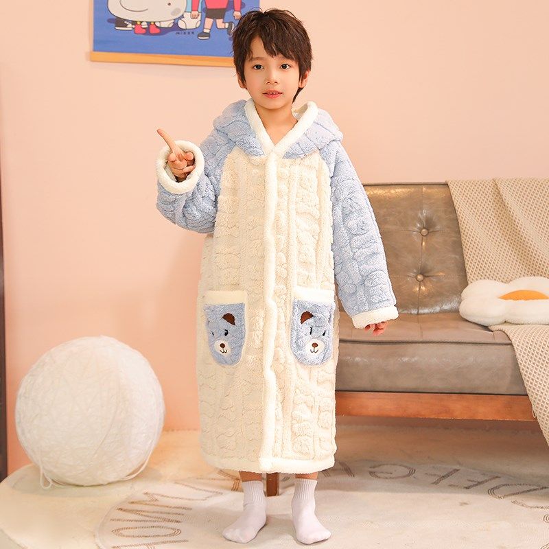 冬季儿童睡袍套装加绒加厚睡衣法兰绒睡袄男女中大童加长2024新款