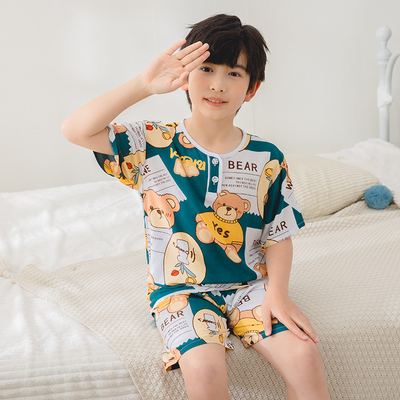 夏季新儿童棉绸睡衣短袖短裤女孩男童绵绸空调服中大童家居服套装