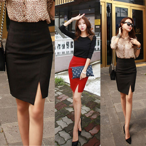 侧开叉半身裙弹力高腰显瘦黑色ol工作职业办公室包臀裙春夏一步裙