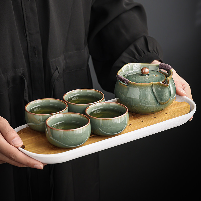 蜜绿哥窑手抓壶大号盖碗茶杯茶盘防烫泡茶碗片端功夫茶具装