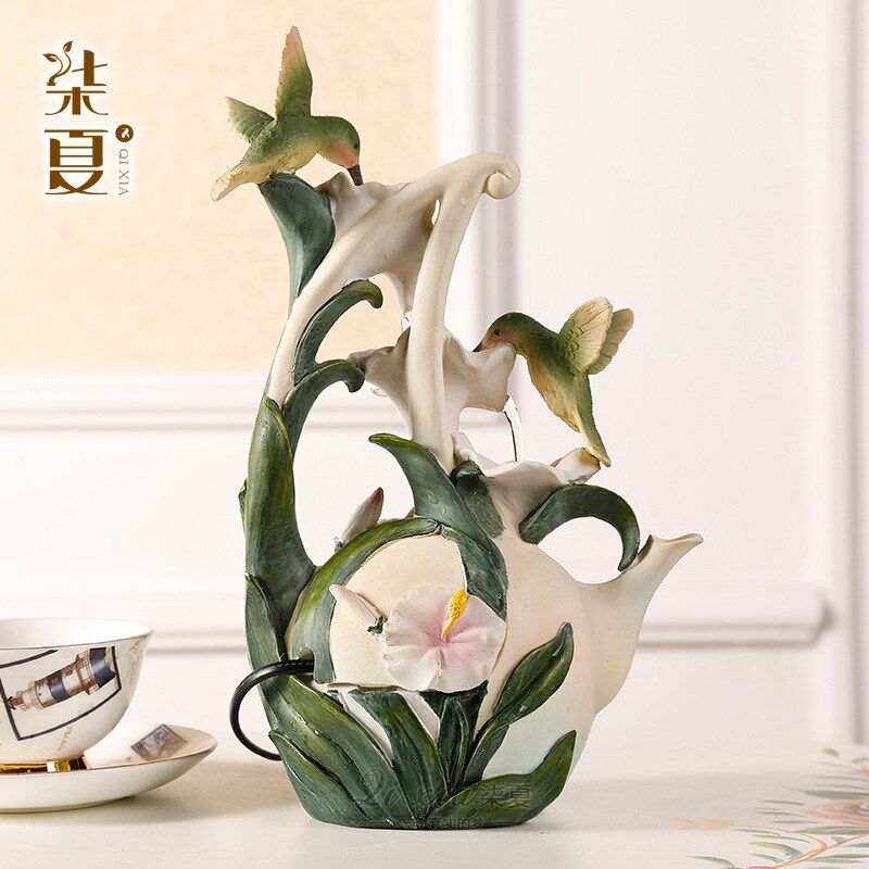 蜂鸟百合流水喷泉小型摆设创意家居饰品树脂工艺代发